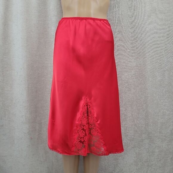 Chantilly Maidenform Vintage Red Satin Midi Knee Length Slip Skirt with Lace - Picture 1 of 8